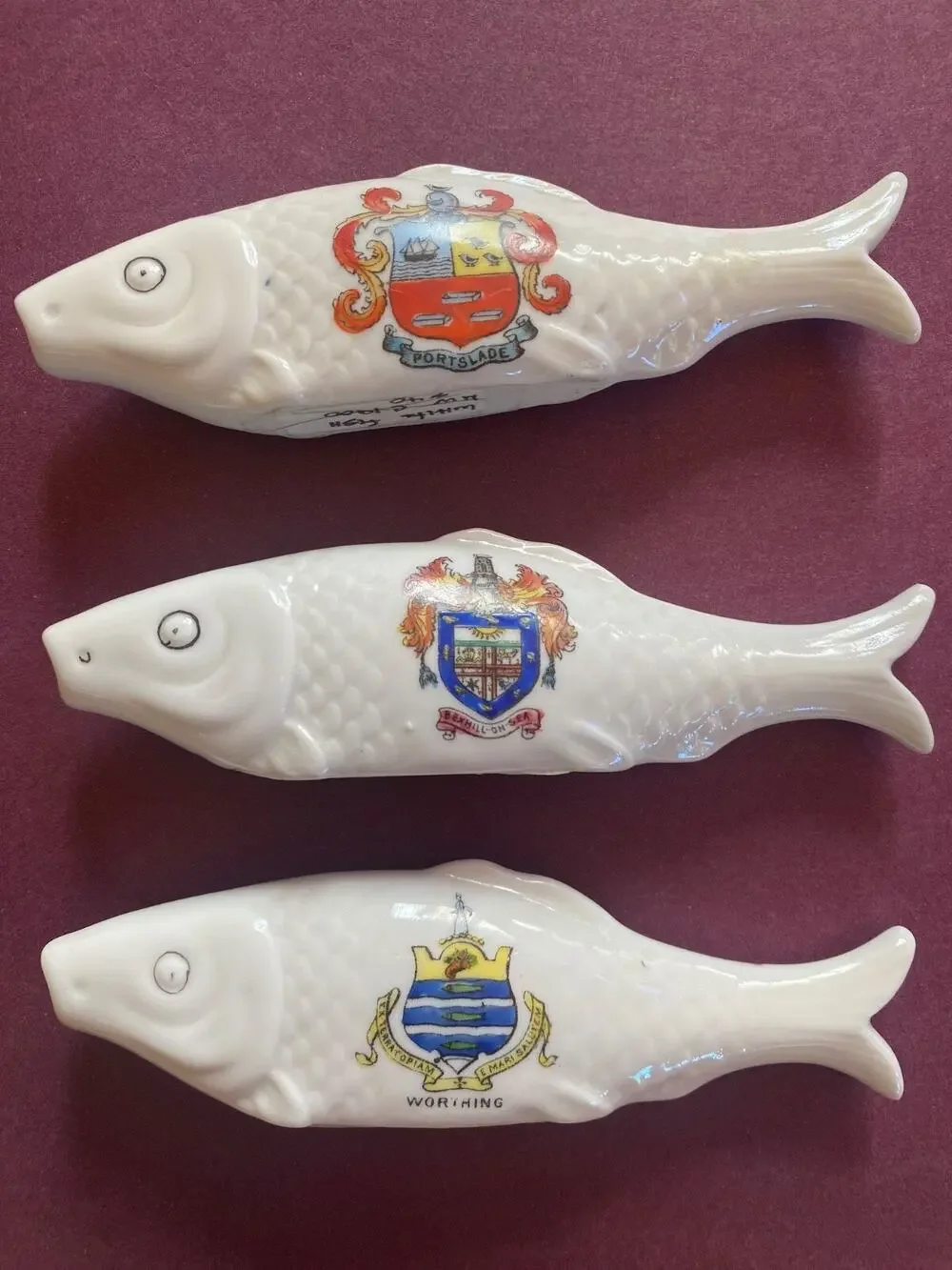 GREAT YARMOUTH: RARE COLLECTION Three Bloater Crested White Porcelain Fish c1900